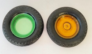 lot 430 image: Vintage Goodrich Silvertown Tire Ashtray Green Glass Hard Rubber Advertising & Vintage Glass Fibre Tire Shaped Good Year Balloon Tire Ash Tray
