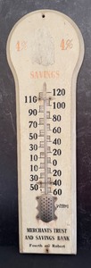 lot 417 image: Vintage Wooden Merchants Bank Advertising Thermometer