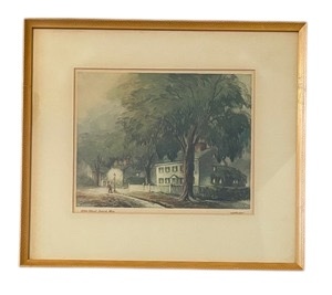 lot 71 image: White Colonial Ipswick, Mass. Vintage Colored Lithograph by Al Mettel