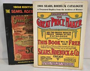 lot 467 image: Sears RoebuckTwo Decorative Metal Reproduction Vintage Advertising Wall Hanging Signs Catalogues