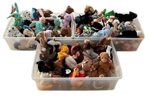lot 203 image: Buckets of Beanie Babies including Gracie Goose, Velvet the Cat, Legs the Frog and More