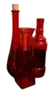 lot 374 image: Decorative Glass Red Bottles and Vase
