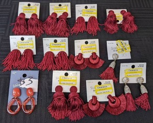 lot 61 image: 11 Pairs of New DangleDrop Tassel and Hoop Fashion Statement Earrings Red