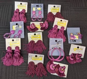 lot 62 image: 13 Pairs of New DangleDrop Tassel and Hoop Fashion Statement Earrings Purple