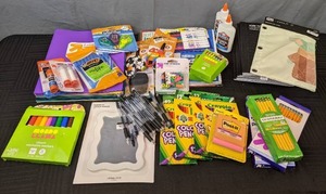 lot 45S image: Assortment of School Supplies Markers, Pens, Colored Pencils, Elmers Glue, Scissors, BIC Wite Out, Dry Erase Markers, Crayons, Notebooks, Star Wars Binder Zip Case, 2-Pocket Portfolios with Prongs, Letter Index Dividers with Pockets, Filler Paper, Etc.