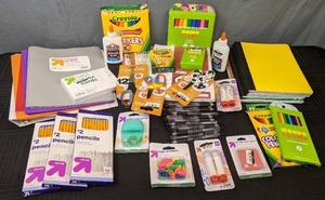 lot 75S image: Assortment of School Supplies Up & Up #2 Pencils, Cap Erasers, Pens, Scissors, Colored Pencils, Crayola Crayons, Markers, Elmers Glue, 2-Pocket Portfolios with Prongs, Index Dividers with Pockets, Notebooks, Etc.