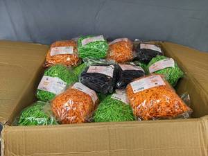 lot 97 image: Large Assortment of New 15 oz Crinkle Paper Packages in Orange, Green and Black