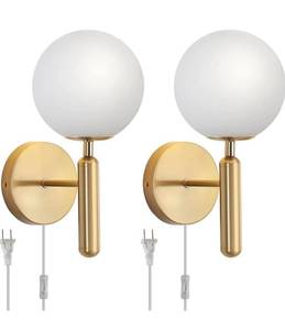 lot 35 image: New Gold Plug in Wall Sconces Set of 2 with Glass Globe Shade