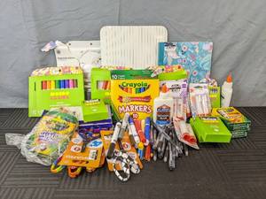 lot 289 image: Large Assortment of Kids School and Art Supplies Colored Pencils, Markers, Scissors, Elmers Glue, Gluesticks and More