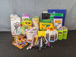 lot 30S image: Large Assortment of Kids School and Art Supplies Crayola Markers, Elmers Glue, Crayons, Pencils, Scissors and More