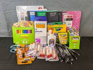 lot 165S image: Large Assortment of New School Supplies - Crayola Crayons and Markers, Glue Sticks, Elmers Glue Bottles, Pencils, Fiskars Scissors, Composition Notebooks, and More