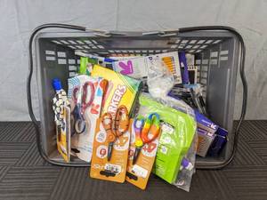 lot 201S image: Large Assortment of New School Supplies - Mondo Llama and Crayola Markers, Expo Dry Erase Markers, Fiskars Scissors, Cap Erasers, Hexagon Paper Punch, Composition Notebooks, and More