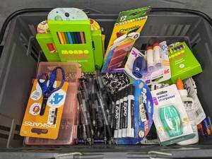 lot 180S image: Large Assortment of New School Supplies - Mondo Llama Markers, Glue Sticks, Expo Dry Erase Markers, Pens, Fiskars Scissors, Composition Notebooks, and More