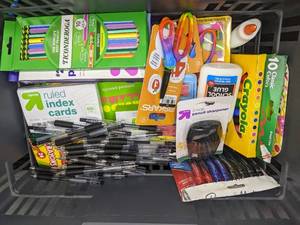 lot 150S image: Large Assortment of New School Supplies - Crayola Markers, Fiskars Scissors, Paper Mate Erasers and Pens, Pencil Sharpener, Ticonderoga Pencils, Five Star Pencil Pouch and More