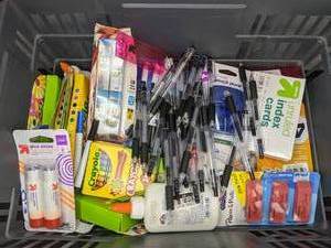 lot 135S image: Large Assortment of New School Supplies - Crayola Crayons and Markers, Glue Sticks, Paper Mate Erasers and Pens, Pencil Sharpener, Pencils, Expo Dry Erase Markers, Composition Notebooks, and More