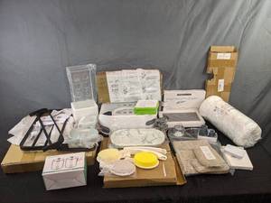 lot 221 image: Large Assortment of Bathroom Storage and Other Items Soap Dishes, Cotton Swab Canisters, Shower Basket, Stone Drying Mat,