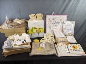 lot 244 image: New Baby Announcement and Baby Shower Decorations, Games, Burlap Placemats, Monthly Milestone Signs and More