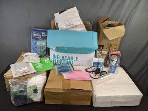 lot 229 image: Many Pool Supplies Swim Caps, Goggles, Floating Fins, Underwater Vacuum, Pool Cover, Solar Cover Holder, Water Test Kits and More