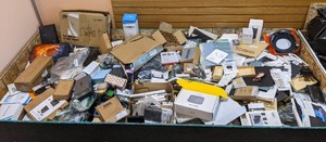 lot 302 image: Assorted Electronic Accessory Products Includes Hifi Stent Speaker Bracket, Keyboard, Cell Phone Protector Screens and so much more