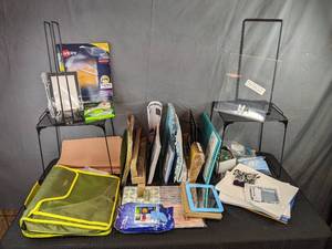 lot 217 image: Large Assortment of School and Office Supplies Locker Shelves and Mirrors, Folders, Paper Organizer, Five-Star Sewn Zipper Binder and Much More