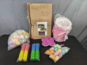 lot 225 image: Assorted Easter Accessories and Decor - Lawn Bunny Signs, Plastic Eggs, Pink Baskets, and More