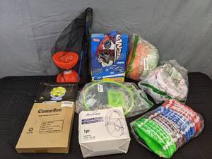 lot 226 image: Assorted Miscellaneous Kids Sports Toys - Table Tennis NetPost, Hearing Protection Headphones, Color Change Football, Small Assorted Sports Balls, and More