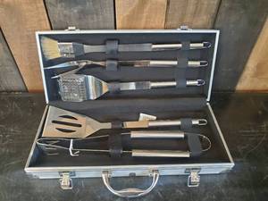 lot 21 image: Never Used Barbeque Grill Utensil Set in Metal Case