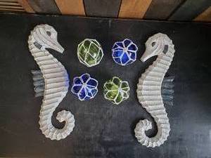 lot 80 image: Wooden Seahorse Dcor and 3 Glass bouy tea Lights