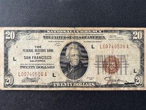 1929 Brown Seal $20 Dollar National Currency San Francisco