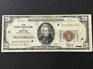 1929 Brown Seal $20 Dollar National Currency Boston