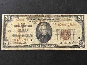 1929 Brown Seal $20 Dollar National Currency St. Louis