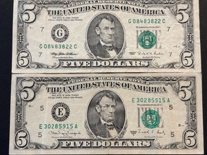 1988 A and 1995 Green Seal $5 Dollar Federal Reserve Notes