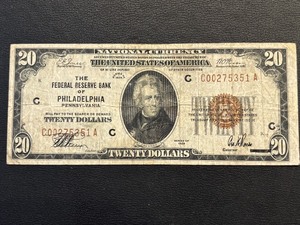 1929 Brown Seal $20 Dollar National Currency Philadelphia