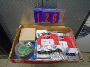 lot 126 image: Flat of Briggs head gaskets, misc gaskets & air filter. As shown.