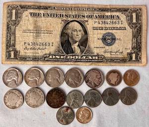Early American Coins and Silver Certificate Dollar Bill