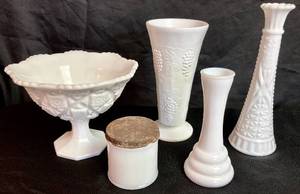 Milk Glass Collection - Westmoreland Old Quilt Pattern Compote Bowl, Colony Harvest Vase, Dorothy Perkins Cosmetic Jar plus Vases