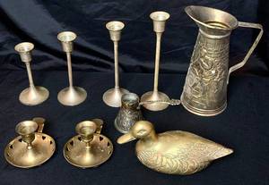 Brass Collection - Duck, Candlestick Holders, Pitcher and more