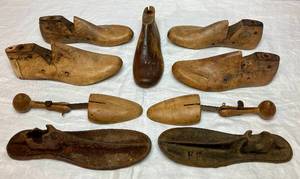 Vintage Wooden and Cast Iron Shoe Lasts Cobbler Shoe Molds plus two Wooden Shoe StretcherExpanders