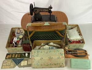 Vintage Sewing Boxes and Sewing Supplies plus Cast Iron Decorative Sewing Machine