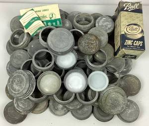 Antique Ball and Atlas Zinc Canning Jar Lids with Milk Glass and Embossed Metal Tops