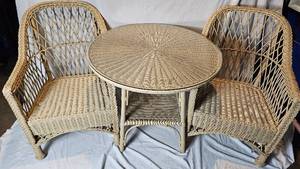White Wicker Chairs and Glass Topped Table by Maine Cottage