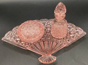 Fenton Daisy & Button Fan Plate, Covered Dish and Perfume Bottle with Stopper