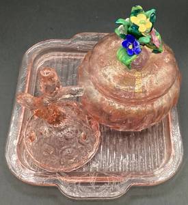 Vintage Pink Depression Glass Square Tray, Pink Glass Owl Ring Holder and Pink Covered Bowl with Flowers