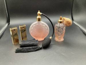 Perfume Bottles - Marcle Franck Perfume Atomizer, Shalimar Parfum Recharge Atomiseur and Pink Depression Glass Spray Atomizer Bottle