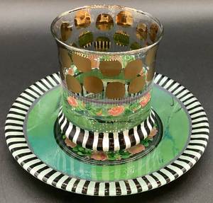 MacKenzie Childs Circus Hand Painted Small Rose Plate 7 and Courtly Stripe Heirloom Tumbler