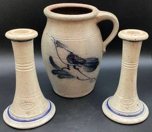 Rowe Pottery Works Salt Glazed Cobalt Blue Stripe 7 Candlestick Holders and Ethan Allen Rowe Pottery Works 8 Salt Glazed Stoneware Blue Bird Jug
