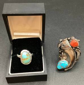 2 Sterling Silver and Turquoise Rings - Turquoise, Coral & Sterling Silver Vintage Handmade Claw Ring and Southwestern Turquoise Oval Ring