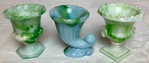 Vintage Akro Agate Slag Glass Cornucopia, Vouge Merc. Co. NYC Green & White Slag Glass Roman Vase and Akro Agate Slag Urn