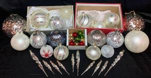 Collection of Glass Ornaments and 2 Mercury Glass Ornament Candles