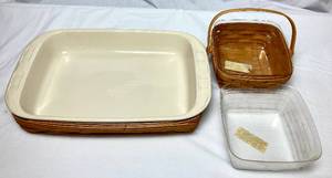 Longaberger 1999 Rectangular Berry Basket with Longaberger Pottery Baking Dish and 1999 6.5 Square Basket
